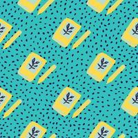 Bright diary book ornament seamless pattern. Yellow doodle notebook elements on blue dotted background. vector