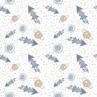 Random blue rockets and beige planets seamless pattern. White background with dots. Pastel tones palette. vector