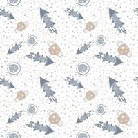 Random blue rockets and beige planets seamless pattern. White background with dots. Pastel tones palette. vector