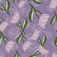 Botanic seamless pattern with simple random tulip flowers shapes. Purple pastel background with splashes. vector