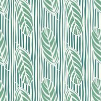 Outline seamless floral pattern with leaf ornament. White contoures green foliage on stripped background. vector