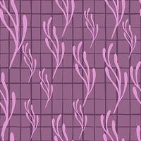 Abstract botanic flora seamless pattern with pink branches. Purple chequered background. vector