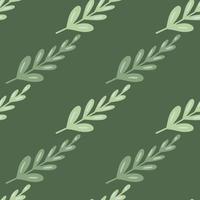 Doodle hand drawn style seamless pattern with simple branches ornament. Green olive background. vector