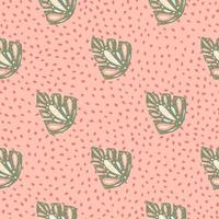 Cute seamless pattern with abstract grey ornamental monstera shapes. Pastel pink dotted background. vector