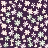 Flowers with multicolor contour seamless pattern. Dark purple background. Stylized botanic backdrop. vector