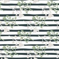 Contrast seamless pattern with green and grey floral branches silhouettes. Monochrome background with black and white strips. vector