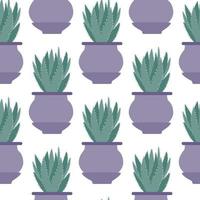 Aloe cactus in pot seamless pattern on white background. Doodle botanical exotic wallpaper. vector