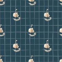 Marine seamless pattern with simple beige sailboat ship elements. Navy blue background with check. vector