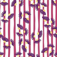 Daisy purple flowers random seamless bright floral pattern. White and pink striped background. Meadow style. vector