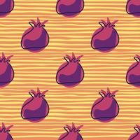 Creative seamless pattern with bright purple pomegranate elements. Orange striped background. Simple style. vector