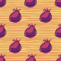 Creative seamless pattern with bright purple pomegranate elements. Orange striped background. Simple style. vector