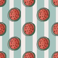 Red half watermelon silhouettes seamless pattern in abstract style. Blue pastel striped background. vector