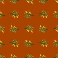 Green lemon branches and yellow fruits seamless botanic food pattern. Dark brown brick colored background. vector