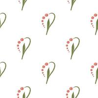 Isolated seamless pattern with pink abstract lily of the valley flowers shapes. White background. vector