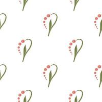 Isolated seamless pattern with pink abstract lily of the valley flowers shapes. White background. vector