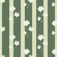 Grey doodle abstract flower silhouettes seamless pattern. Green and beige striped background. vector