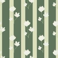 Grey doodle abstract flower silhouettes seamless pattern. Green and beige striped background. vector