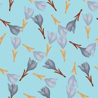 Random seamless pattern with pale blue crocus flowers print. Bright blue background. Simple style. vector