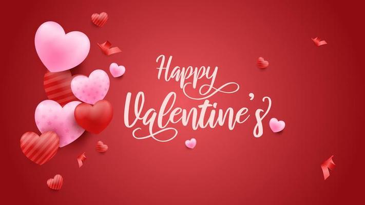 Red Valentine's Day background with 3d hearts. Vector illustration. Cute love banner or greeting card.