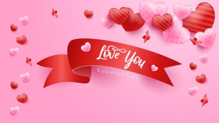 Pink Valentine's Day background with 3d hearts. Vector illustration. Cute love banner or greeting card.