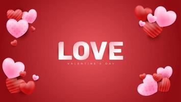 Red Valentine's Day background with 3d hearts. Vector illustration. Cute love banner or greeting card.