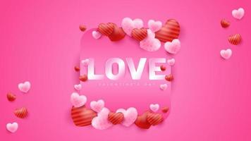 Pink Valentine's Day background with 3d hearts on red. Vector illustration. Cute love banner or greeting card. Place for text