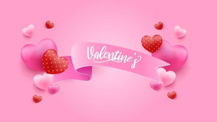 Pink Valentine's Day background with 3d hearts. Vector illustration. Cute love banner or greeting card.