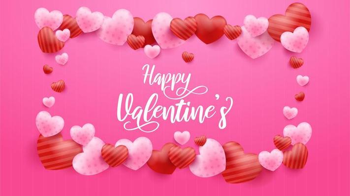 Pink Valentine's Day background with 3d hearts. Vector illustration. Cute love banner or greeting card.