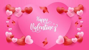 Pink Valentine's Day background with 3d hearts. Vector illustration. Cute love banner or greeting card.