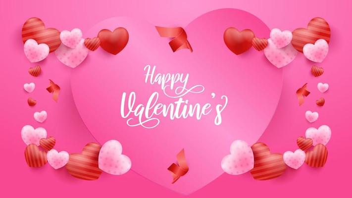 Pink Valentine's Day background with 3d hearts. Vector illustration. Cute love banner or greeting card.