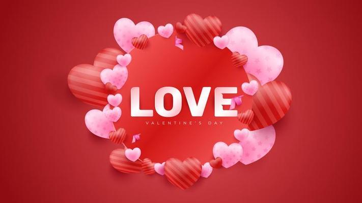 Red Valentine's Day background with 3d hearts. Vector illustration. Cute love banner or greeting card.