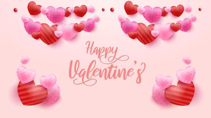 Pink Valentine's Day background with 3d hearts. Vector illustration. Cute love banner or greeting card.