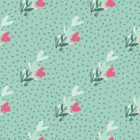 Doodle pastel seamless heart branches pattern. Abstract flowers with pink tones. Blue background with dots. vector