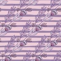 Purple outline forest bouquet seamless styized pattern. Leaf branches and flowers on stripped pastel lilac background. vector