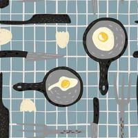 Fried eggs seamless pattern on stripe background. Fried egg in pan with fork, knife and eggshell. vector