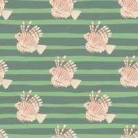 Scrapbook seamless pattern with pastel pink lionfish elements print. Green striped background. vector