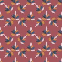 Kaleidoscope leaves ornament seamless pattern. Orange, blue and light elements on burgundy background. vector
