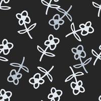 Seamless pattern with monochrome flowers on black background. Simple style. Doodle floral wallpaper. vector