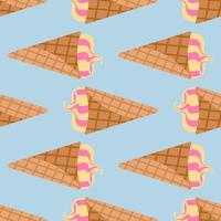 Seamless food pattern with ice cream in waffle cone. Blue background and cream in yellow and pink colors. vector