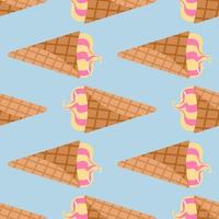 Seamless food pattern with ice cream in waffle cone. Blue background and cream in yellow and pink colors. vector