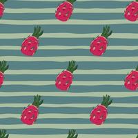 Seamless pattern in minimalistic style with pink bright pitahaya ornament. Pale blue striped background. vector