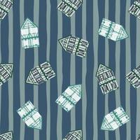 Creative seamless pattern with simple contoured blue house silhouettes. Navy blue striped background. vector