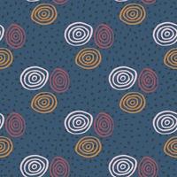 Abstract geometric pattern with orange, red and lilac spirals. Dark blue background with black dots. vector