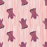 Purple ghosts silhouettes seamless doodle pattern. Halloween style. Scary print with stripped pink background. vector