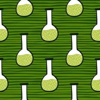 Green liquid in flask seamless doodle pattern. Laboratory ornament on striped green background. vector