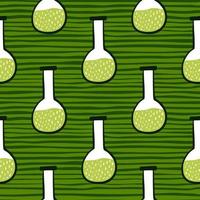 Green liquid in flask seamless doodle pattern. Laboratory ornament on striped green background. vector