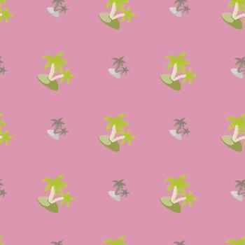 isla de color gris y verde y estampado de palmeras sin costuras. fondo lila. garabatear formas abstractas. vector