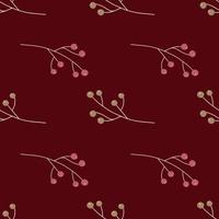 Minimalistic style seamless decorative pattern with floral berry ornament. Maroon background. Bloom print. vector