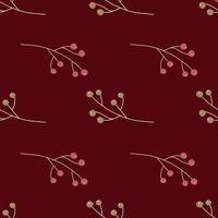 Minimalistic style seamless decorative pattern with floral berry ornament. Maroon background. Bloom print. vector