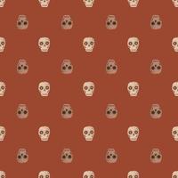 Death seamless pattern with beige colored skull elements. Brick colored background. Cartoon print. vector